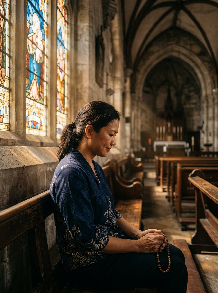 Malaysian Catholic woman in reverent prayer in cathedral pew