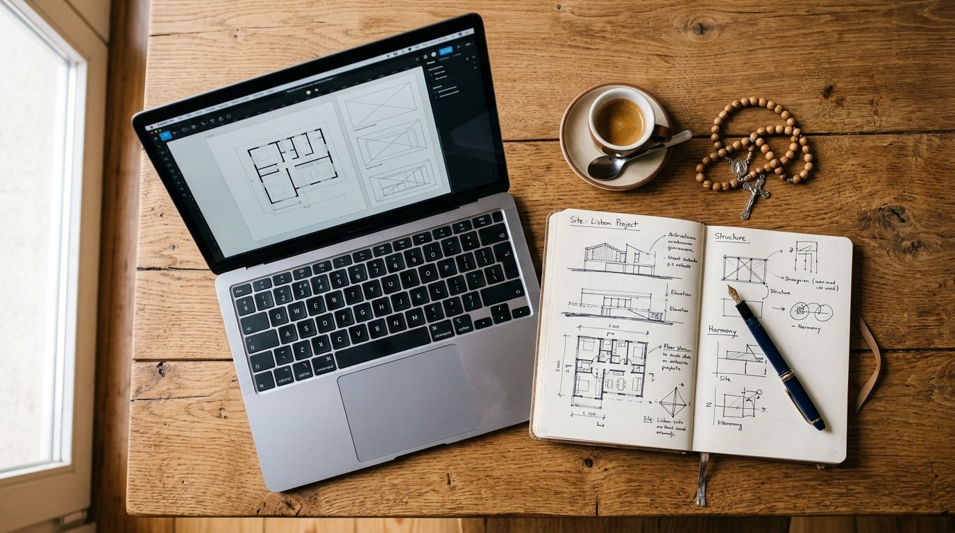 Tech workspace with laptop wireframes and rosary